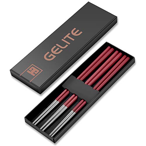 Book Cover Gelite 3 Pairs Fiberglass Chopsticks Reusable Dishwasher Safe Stainless Steel Chopstick 9.5 Inches - Wine Red