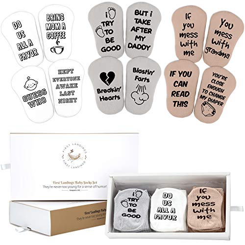 First Landings Baby Socks Gift Set | Adorable Quotes, 6 Pairs of Infant Socks and Gift Packaging | Newborn Socks | Gender Neutral Baby Shower Gifts | Newborn Baby Socks Set