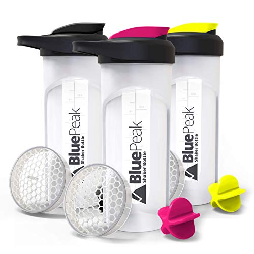 BluePeak Protein Shaker Bottle 28 oz with Dual Mixing Technology, Strong Loop Top, BPA Free, Shaker Balls & Mixing Grids Included - On-The-Go Large Protein Shakers (3 Pack - Black, Yellow, Pink)
