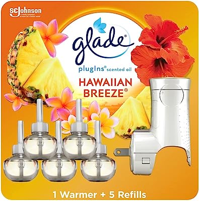 Glade PlugIns Refills Air Freshener Starter Kit, Scented and Essential Oils for Home and Bathroom, Hawaiian Breeze 3.35 Fl Oz, 1 Warmer + 5 Refills