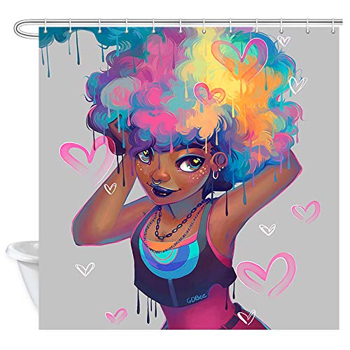 Book Cover NYMB African Women Shower Curtain Set, Colorful Cartoon Afro Hair Girl with Heart Print, American Girl Decor Fabric Shower Curtain for Bathroom, Waterproof Bath Accessories, 12PCS Hooks, 69X70in