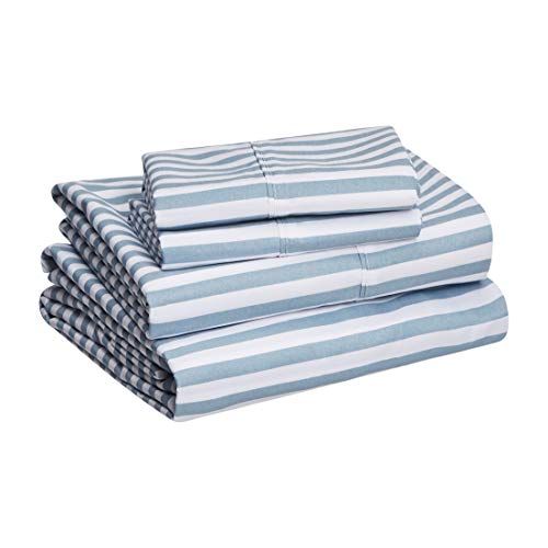 Book Cover Amazon Basics Lightweight Super Soft Easy Care Microfiber Bed Sheet Set with 14â€ Deep Pockets - King, Dusty Blue Pinstripe