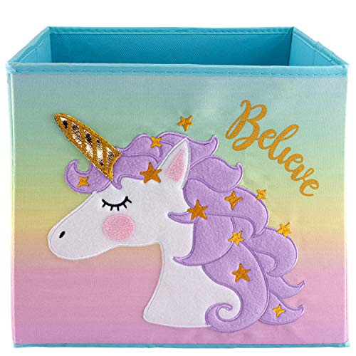 Book Cover LOVELY LITTLE THINGS Unicorn Storage Bins Foldable - Toy Box Collapsible Cube - Boxes for Shelves - Storage Box Decorative - Kids Toys Organizer - Rainbow Container (Purple)