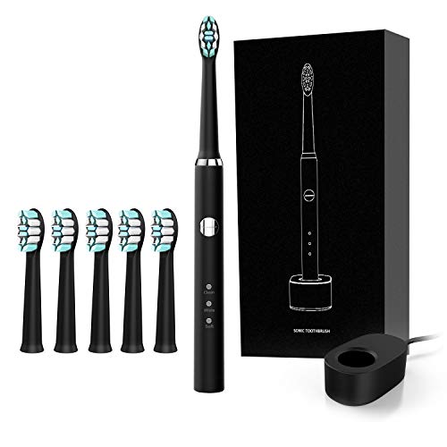 Sonic Electric Toothbrush for Adults, 6 brush heads 3 Modes with 2 Min Build in Timer, Dentists recommend, Waterproof, USB induction charging, Black