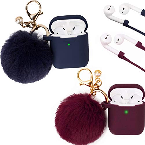 Filoto Case for Airpods, Filoto Airpod Case Cover for Apple Airpods 2&1 Charging Case, Cute AirPods Silicone Soft Case Accessories Keychain/Skin/Pompom/Strap (Burgundy+Midnight Blue)