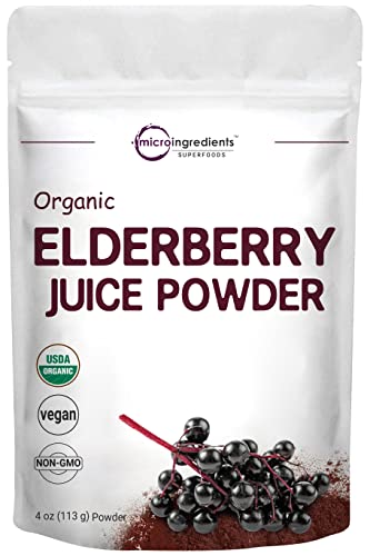 Organic European Black Elderberry Juice Powder, 4 Ounce, Cold Pressed, Flash Pasteurized for Safety, Supports Immune System, Energy and Vascular Health, No GMOs, Vegan Friendly