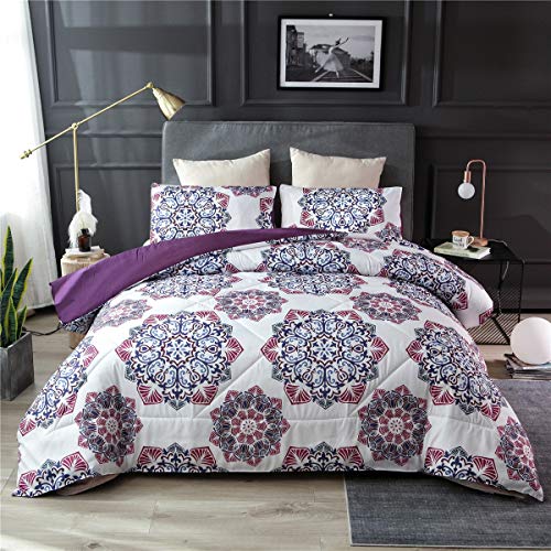 Book Cover NTBED Bohemian Comforter Set Purple Queen Medallion Printed Soft Lightweight Mircrofiber Bedding Boho Chic Exotic Mandala Quilt Sets for Girls Teens Adults