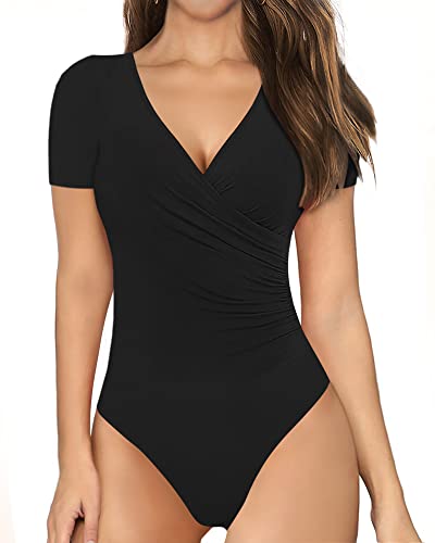 MANGOPOP Women's Cross Wrap Ruched Plunge Neck Deep V Long Sleeve Short Sleeve Bodysuits