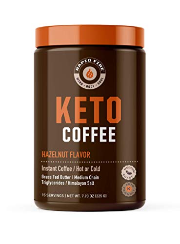 Rapidfire Ketogenic Fair Trade Instant Keto Coffee Mix, Supports Energy, Metabolism, and Weight Loss, Grass Fed Butter, MCTs & Himalayan Salt, 15 servings, Hazelnut Flavor, 7.93 Ounce