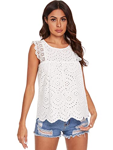 DIDK Women's Sheer Embroidery Ruffle Trim Scallop Hem Eyelet Tank Top Blouse