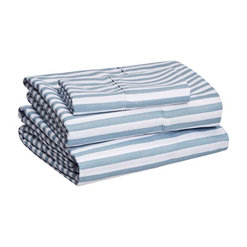 Book Cover Amazon Basics Lightweight Super Soft Easy Care Microfiber Bed Sheet Set with 14â€ Deep Pockets - Twin, Dusty Blue Pinstripe