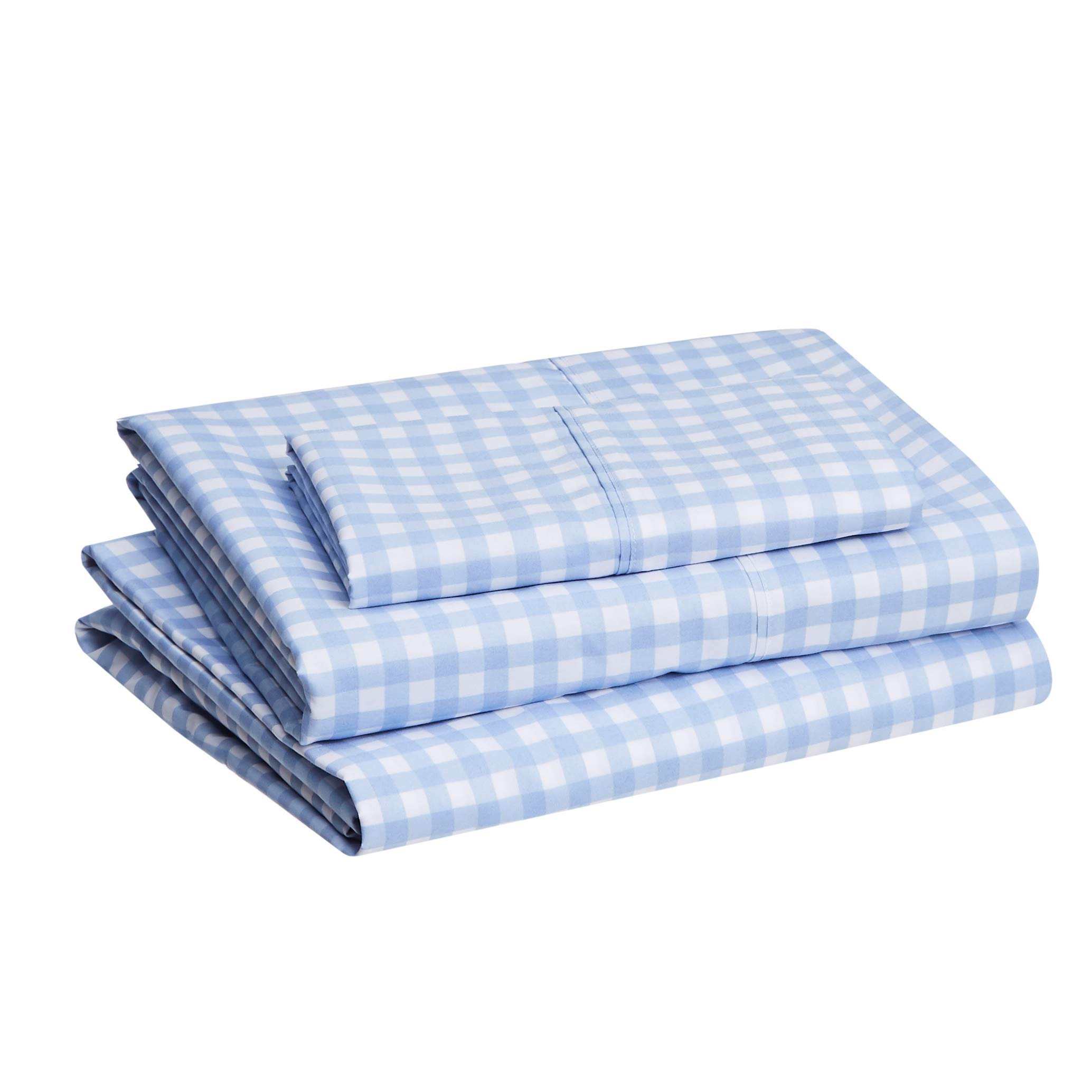 Book Cover Amazon Basics Lightweight Super Soft Easy Care Microfiber Bed Sheet Set with 14” Deep Pockets - Twin, Light Blue Gingham