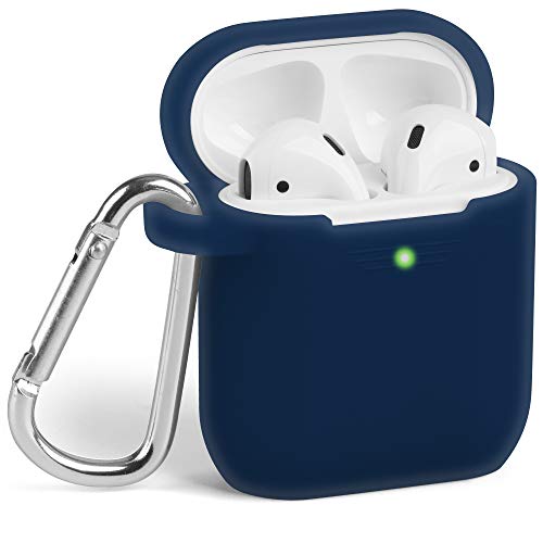Book Cover AirPods Case, GMYLE Silicone Protective Shockproof Case Cover Skins with Keychain Compatible with Apple AirPod 2 and 1, Navy Blue [Front LED Visible]