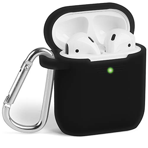 Book Cover GMYLE AirPods Case Cover with Keychain, [Front LED Visible] Silicone Full Protective Wireless Charging Airpods Earbuds Case Cover Skin Accessories kit Set Compatible for Apple AirPod 2 & 1 â€“ Black