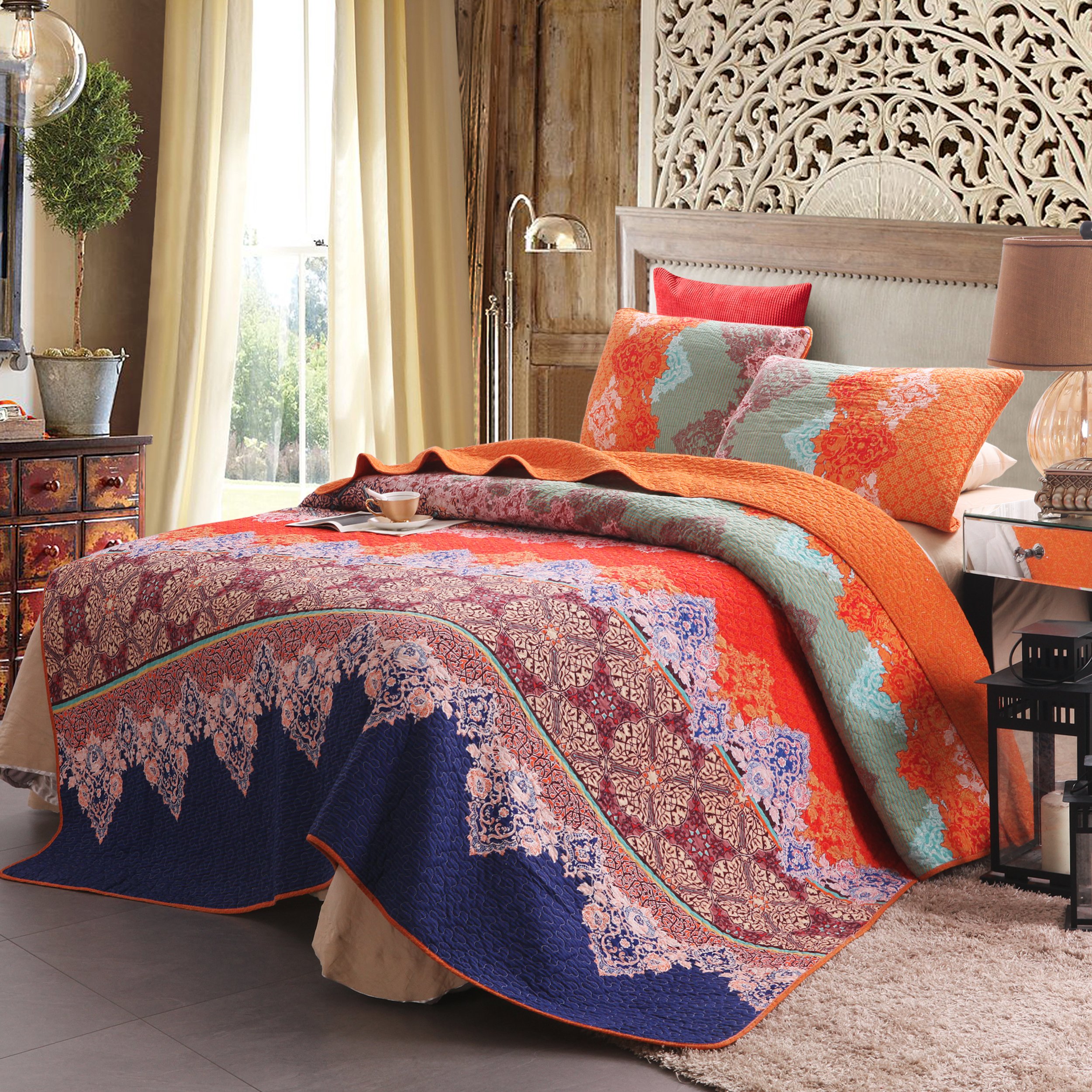Book Cover Exclusivo Mezcla Cotton Boho Twin Size Quilt Set, Soft Reversible Bohemian Bedspreads Lightweight Bedding Set Bed Cover for All Seasons, 2 Piece (1 Quilt, 1 Pillow sham) Orange and Navy Twin Set (68
