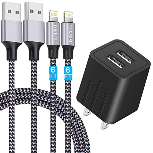 iPhone Charger, YOKERSU Nylon Braided Lightning Cable Fast Charging 2Pack 6ft Data Sync Transfer Cord 2 Port Plug Wall Charger(ETL Listed)Compatible with iPhone 13 12 11 Pro Max XS XR X 8 7 Plus iPad