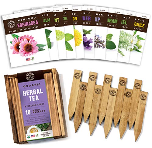 Herb Garden Seeds for Planting - 10 Medicinal Herbs Seed Packets Non GMO, Wood Gift Box, Plant Markers - Herbal Tea Gifts for Tea Lovers, Herb Growing Kit Indoor Garden Starter Kit