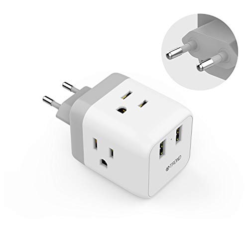 European Travel Plug Adapter, TROND 5 in 1 US to EU Power Adapter with 2 USB Ports and 3 American Outlets, for Germany France Italy Spain Greece Israel (Type C Plug), White