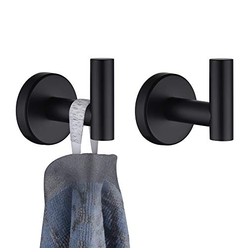 Book Cover JQK Bath Towel Hook, Matte Black Coat Robe Clothes Hook for Bathroom Kitchen Garage Wall Mounted (2 Pack), 304 Stainless Steel, TH100-PB-P2
