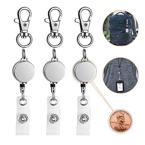 Retractable Badge Holder 3 Pack, Lightweight Metal ID Badge Clip Reel with 14.5â€ Nylon Cord for Nurse Teacher on Name Card Tag Holder