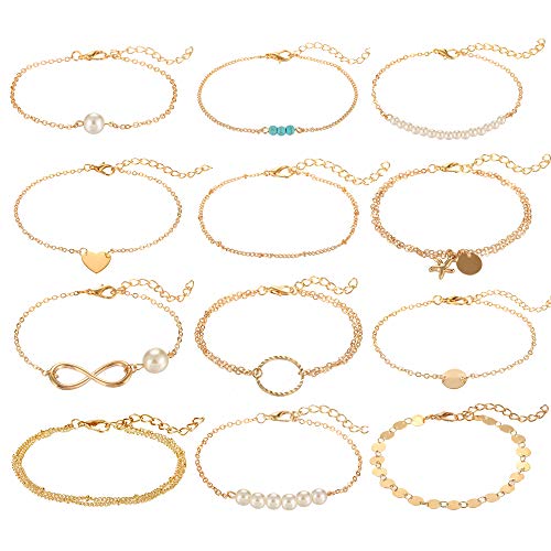 Softones 12pcs Simple Silver Gold Bracelets for Women Girls Cute Pearl Bracelet Tiny Charm Dainty Handmade Bracelet Set Adjustable