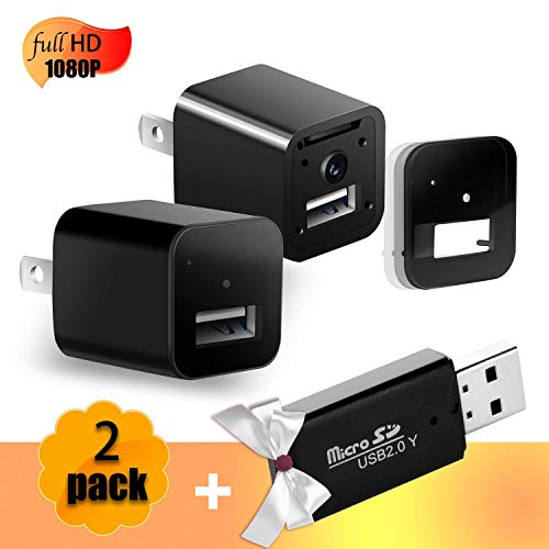 Hidden Spy Security Mini Camera - 2 Pack USB Charger Full HD 1080p Resolution Loop Recording, Motion Detection for Home, Office Surveillance and Security, Charge iPhone, Android Devices Nanny cam