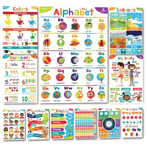 Sproutbrite 11-Pack Educational Posters for Toddlers (14"x20") – Large Classroom Decorations for Preschool & Homeschool – Includes Alphabet, Numbers, Seasons, and Emotions – High-Visibility Learning Charts for Ages 3-5