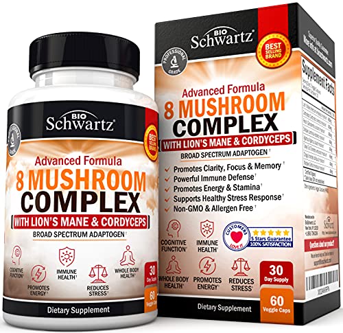 Book Cover Organic Mushroom Complex with Lions Mane & Cordyceps - Beta Glucan Supplement for Immune Response & Memory Support - Nootropic for Energy, Focus, Clarity, Stamina, and Stress Relief - 60 Capsules