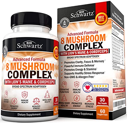 Organic Mushroom Complex with Lions Mane & Cordyceps - Beta Glucan Supplement for Immune Response & Memory Support - Nootropic for Energy, Focus, Clarity, Stamina, and Stress Relief - 60 Capsules