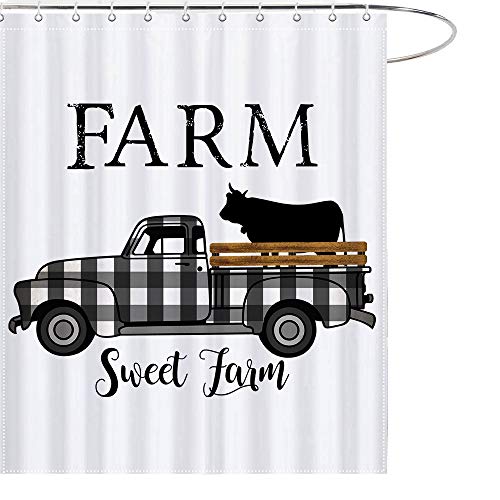 MAEZAP Farm Sweet Farm Farmhouse Fall Cow Shower Curtain Black and White Check Plaids Truck Bathroom Decor Waterproof Polyester with Hooks 69x70 Inchs
