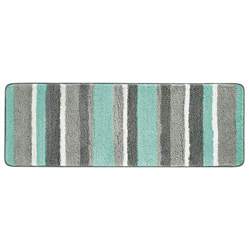 mDesign Soft Microfiber Polyester Non-Slip Extra-Long Spa Mat/Runner, Plush Water Absorbent Accent Rug for Bathroom Vanity, Bathtub/Shower, Machine Washable - Striped Design, 60" x 21" - Mint/Gray