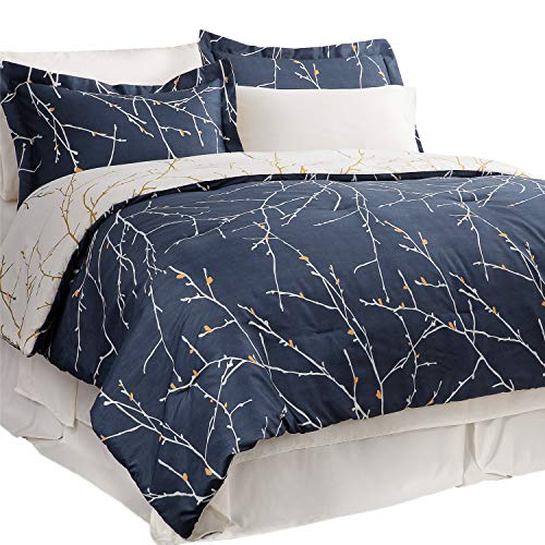 Book Cover Bedsure Queen Size Comforter Sets - Queen Size Bed Set 8 Piece Reversible Navy Blue Tree Branch Pattern Printed - 1 Comforter, 2 Pillow Shams, 1 Flat Sheet, 1 Fitted Sheet, 1 Bed Skirt, 2 Pillowcases