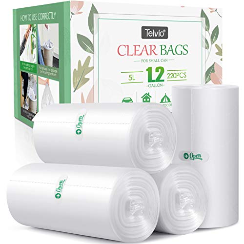 Book Cover 1.2 Gallon 220 Counts Strong Trash Bags Garbage Bags, Bathroom Trash Can Bin Liners, Small Plastic Bags for home office kitchen, fit 5-6 Liter, 0.8-1.6 and 1-1.5 Gal, Clear
