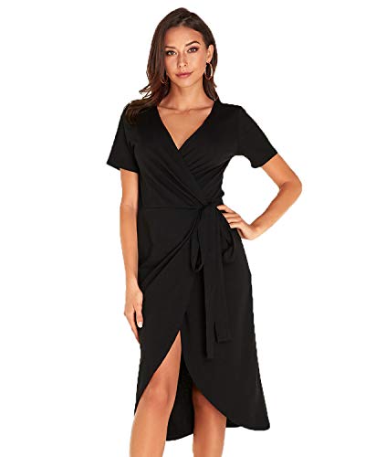 Celmia Casual Wrapped Dresses Women Waist Tie Maxi Dress V Neck Short Sleeve Slit Dresses Casual Wrapped Dresses Women Waist Tie Maxi Dress V Neck Short Sleeve Slit Dresses Black L