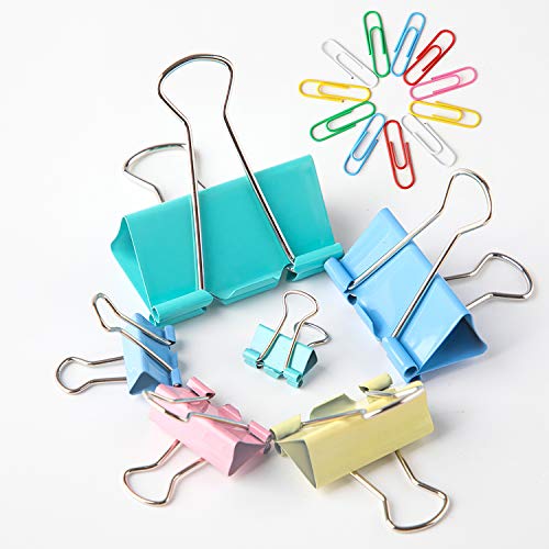 130 Pcs Assorted Size Binder Clips + [130 Bonus Paper Clips] - 6 Sizes Paper Clamp - Sturdy Container Included (Assorted Colors)