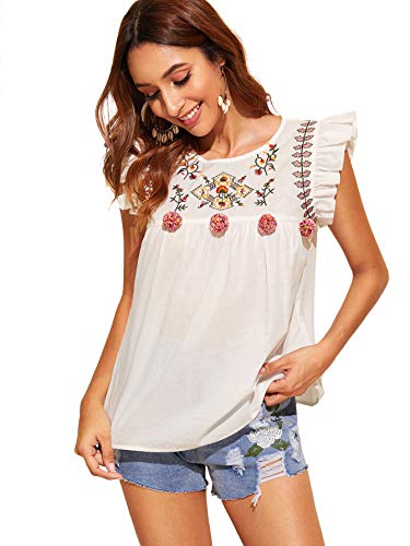 Floerns Women's Floral Embroidered Ruffle Babydoll Peplum Tops Blouse