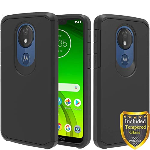 ATUS Motorola Moto G7 Play Case, T-Mobile Revvlry, Moto G7 Optimo, with Full Cover Tempered Glass Screen Protector, Hybrid Dual Layer Protective TPU Case (Black/Black)