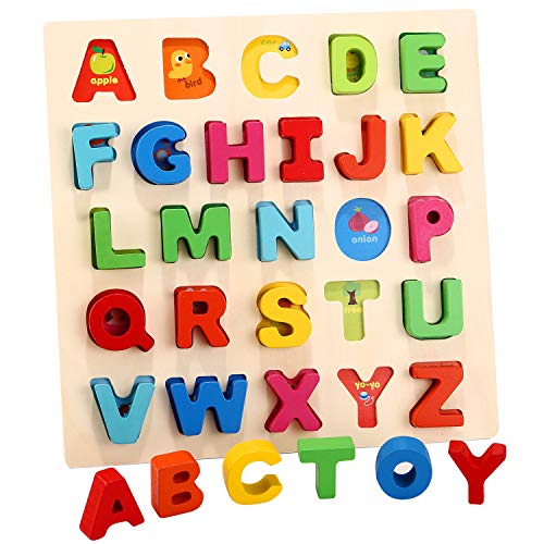 Book Cover Humerry Kids Wooden Alphabet Puzzle Chunky Letters ABC Puzzles Board Montessori Toys for Boys and Girls