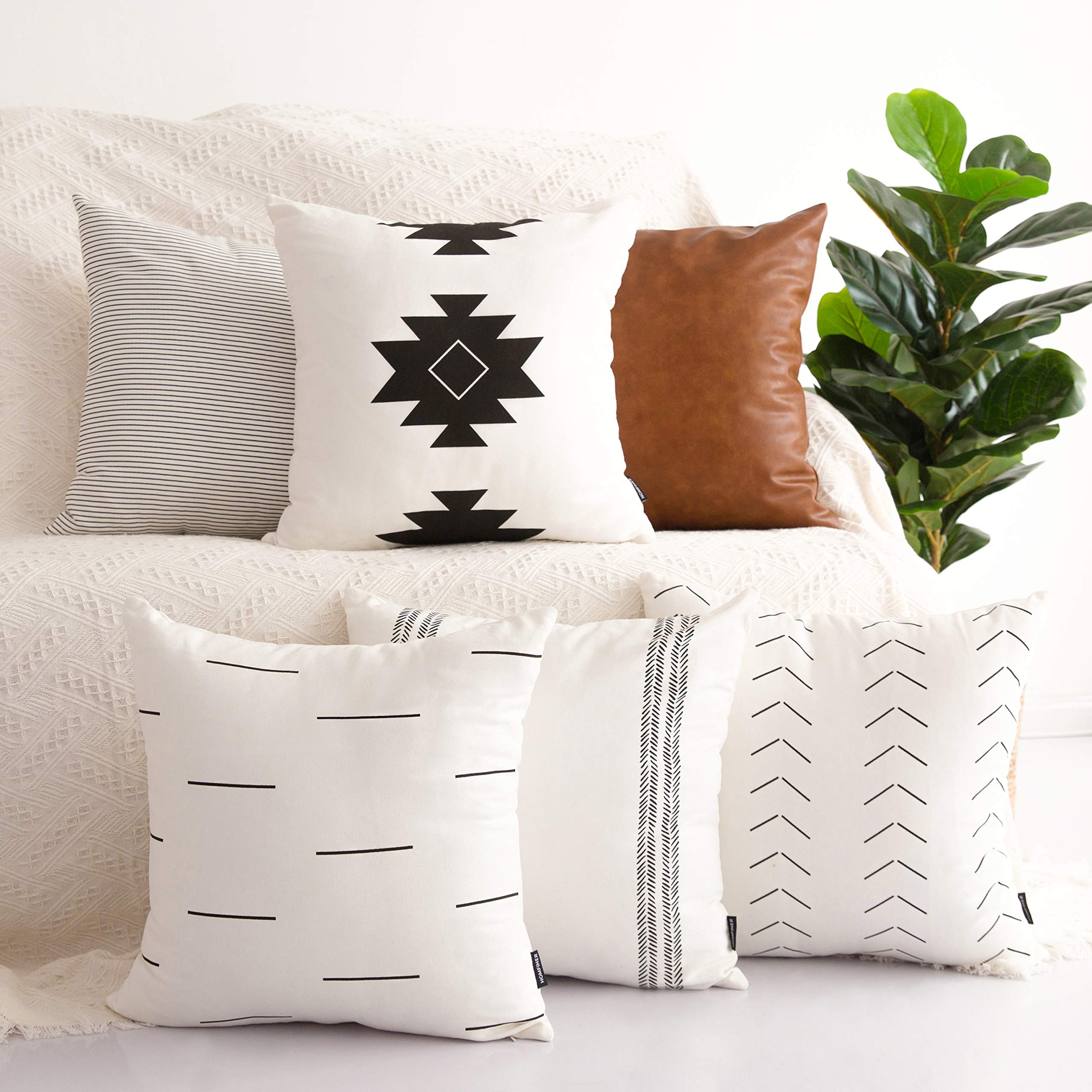 Book Cover HOMFINER Decorative Throw Pillow Covers for Couch, Set of 6, 100% Cotton Modern Design Geometric Stripes Bed or Sofa Pillows Case Faux Leather 18 x 18 inch Set of 6 18 x 18-Inch