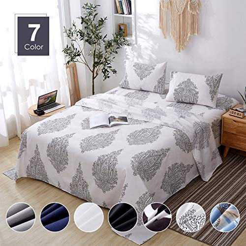 Book Cover Agedate 4 Piece Brushed Microfiber Bed Sheets Set, Deep Pocket Bed Sheets Queen, Hypoallergenic, Easy to Care, Fade, Stain and Wrinkle Resistant, Queen Size, White and Black Paisley Patterned