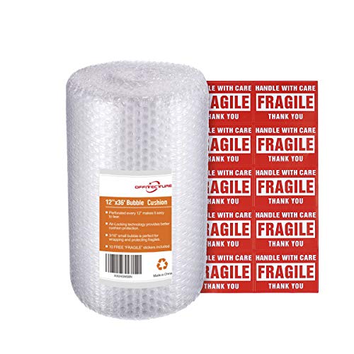 Book Cover Offitecture Bubble Cushioning Wrap Roll, 3/16” Air Bubble, 12 Inch x 36 Feet, Perforated Every 12”, 10 Fragile Stickers Included