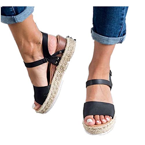 Book Cover Cenglings Espadrilles Sandals,Women Open Toe Slip On Platform Sandals Buckle Strap Wedges Shallow Beach Shoes