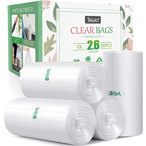 Book Cover 2.6 Gallon 220 Counts Strong Trash Bags Garbage Bags by Teivio, Bathroom Trash Can Bin Liners, Small Plastic Bags for home office kitchen,fit 10 Liter, 2,2.5,3 Gal, Clear