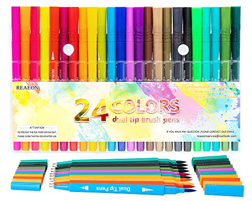 Dual Tip Brush Pen Art Markers, Calligraphy Brush Pens for Lettering, 24 Pack Brush and Fine Tip Markers for Coloring Books Sketching Bullet Journaling