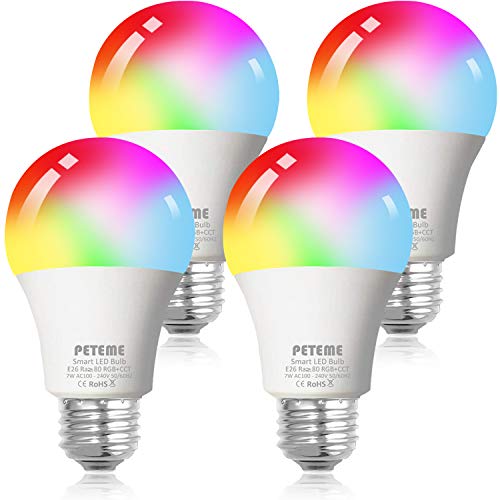 Book Cover Smart WiFi Alexa Light Bulb, Peteme Led RGB Color Changing Bulbs, Compatible with Alexa, Siri, Echo, Google Home (No Hub Required), E26 A19 60W Multicolor (4 Pack)