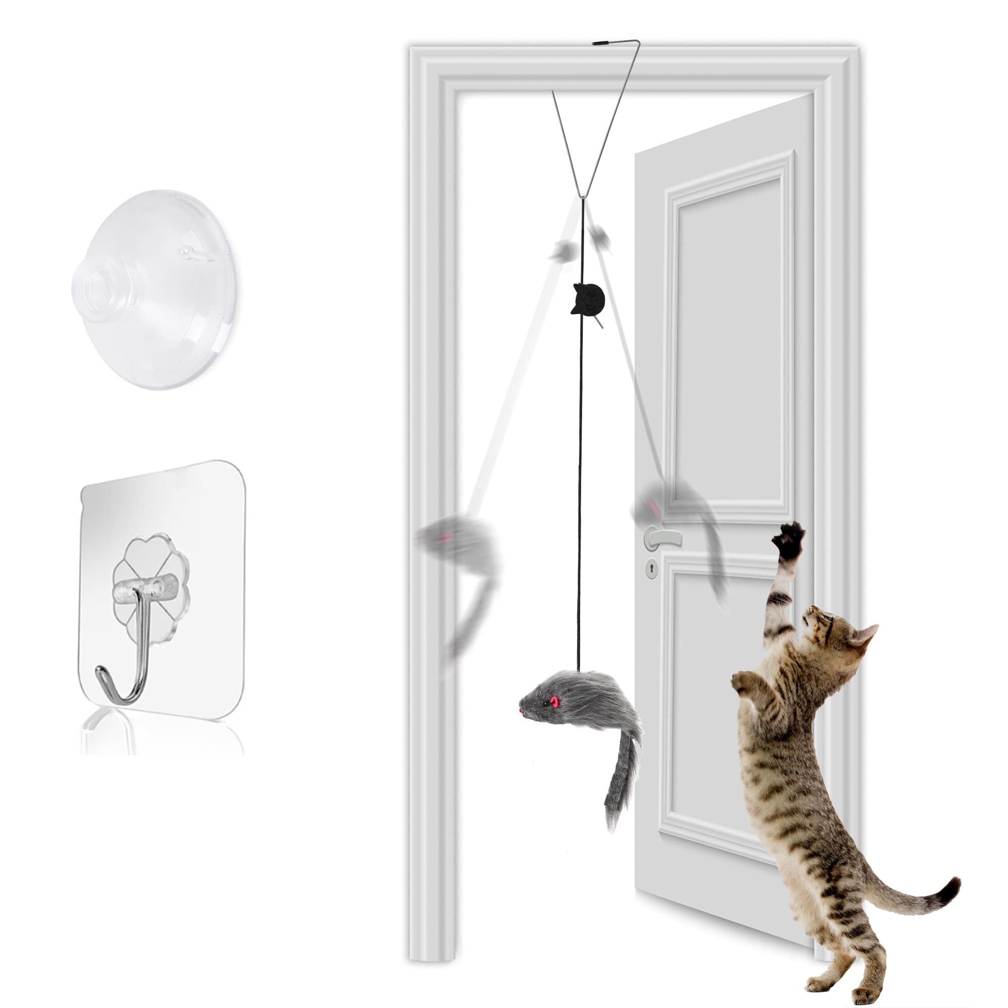 FYNIGO Self-Play 3 Ways Hanging Door Cat Mouse Toys for Indoor Cats Kitten,Interactive Cat Mice Toys for Hunting Exercising Eliminating Boredom, for Small Breeds 1 Pack