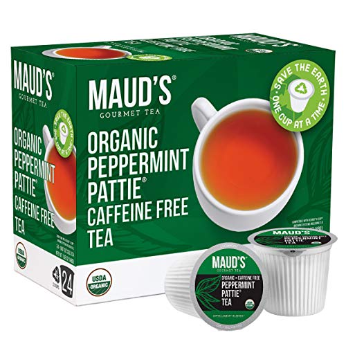 Maud's Organic Peppermint Tea (Peppermint Pattie Tea), 24ct. Solar Energy Produced Recyclable Single Serve Organic Decaf Tea Pods – 100% Organic Caffeine Free Tea California Blended, KCup Compatible