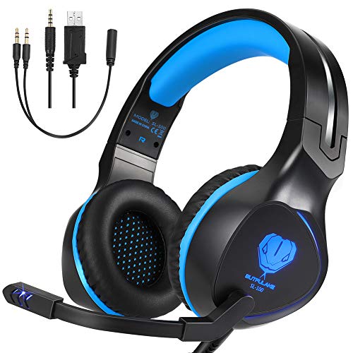 BUTFULAKE Xbox One Headset, Gaming Headset for Xbox One, Xbox One S, PS4, PC, Nintendo Switch, Laptop, Mac, Computer, 3.5mm Wired Over-Ear Gaming Headphones with LED Light & Noise Cancelling Mic, Blue