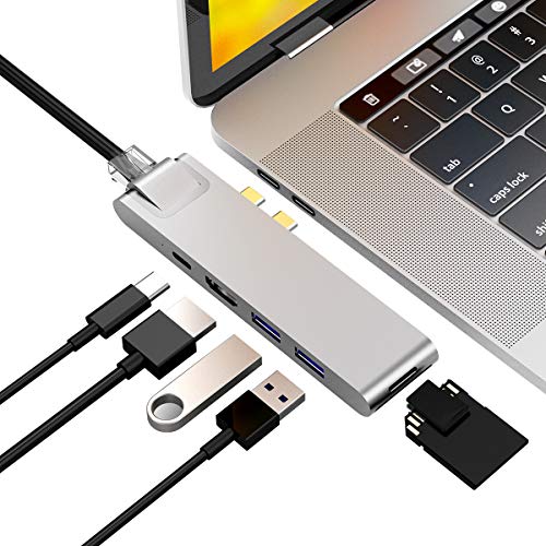 Purgo USB C Hub Adapter Dock for MacBook Pro 2019/2018-2016, MacBook Air 2018/2019, with Gigabit Ethernet, 4K HDMI, 40Gbps Thunderbolt 3, 100W PD, 2 USB 3.0 and SD/Micro Card Readers (Silver)