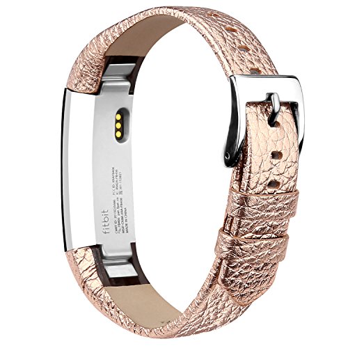 iGK Leather Replacemnt Bands Compatible for Fitbit Alta and Fitbit Alta HR, Genuine Leather Wristbands with Stainless Steel Buckle Rose Gold
